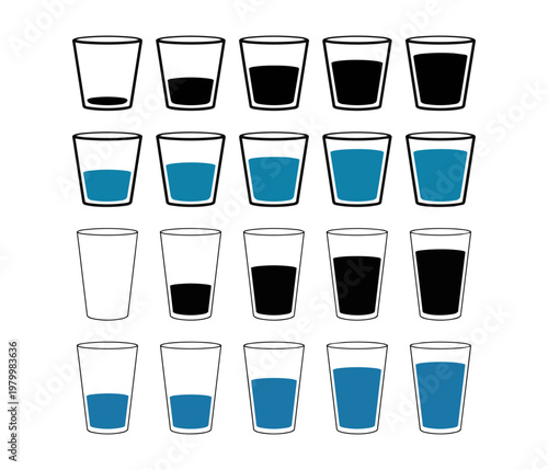 Collection of glass icons illustrating varying liquid levels in both black and blue, representing concepts of fullness or emptiness.
