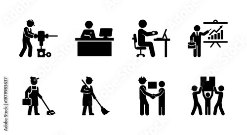 Professional career and labor icon set, 8 black vector pictograms of diverse occupations, business and industrial worker silhouettes for web design