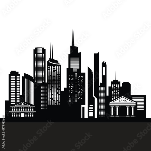 Black silhouette of a city skyline with skyscrapers and buildings