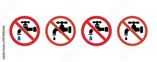 Set of prohibition signs for drinking water from tap with red circle and slash.