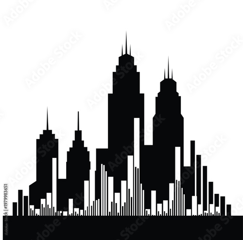 Black silhouette of a city skyline with tall buildings