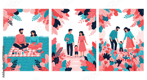 Flat vector family illustrations set, happy parents and child spending time in nature, summer picnic and park walk scenes with floral foliage