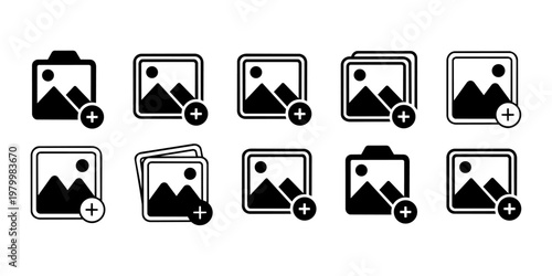 Collection of picture frame icons with mountain landscape and plus symbol. For adding new images, photos, and gallery content.