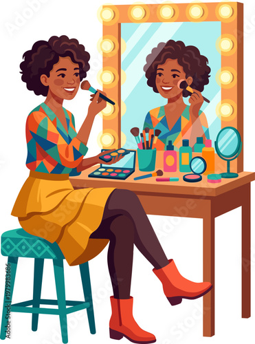 Woman applying face powder with a brush at a lighted makeup vanity