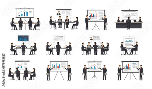 Abstract business event scenes vector illustration set office conference meeting lunch and marketing concept design