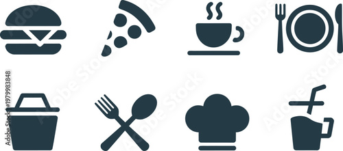 Collection of restaurant and dining icons featuring food items kitchen utensils and professional chef apparel
