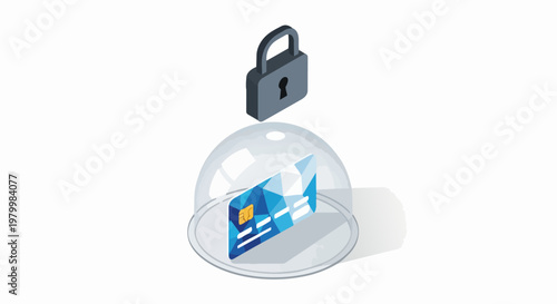 Secure Credit Card Protection Concept - Isometric Illustration of a Credit Card under a Glass Dome with a Padlock for Financial Security and Fraud Prevention