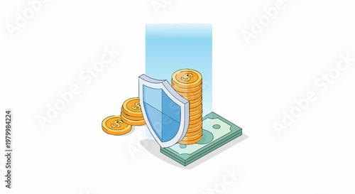Financial Security and Money Protection Concept with Gold Coins, Banknotes, and Shield - Isometric Illustration