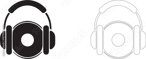 Vintage record between over-ear headphones. Vector symbol of music listening.