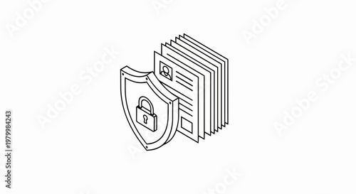 Isometric Data Security and Privacy Protection Icon, Shield with Padlock Guarding Personal Files and Confidential Documents Line Art Illustration
