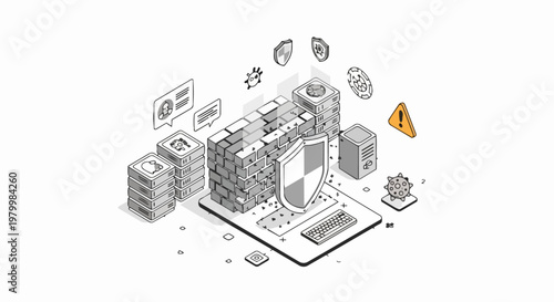 Isometric Cybersecurity and Network Firewall Illustration - Digital Data Protection, Server Security and Cyber Attack Prevention Graphic