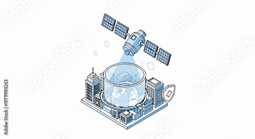 Isometric Satellite Monitoring Global Security and Smart City Data Network Illustration