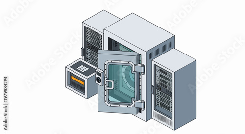 Data Security Concept Isometric Illustration of Server Racks and a Reinforced Bank Vault Door, Symbolic of Cyber Protection, Encrypted Cloud Storage and Information Safety.