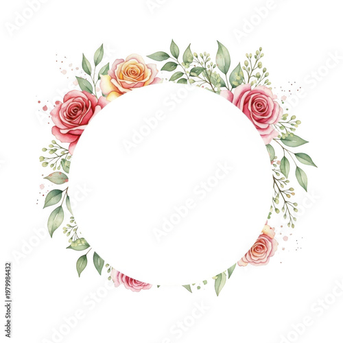 Elegant floral wreath with roses and greenery blank circular space for text or design