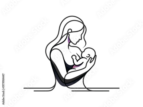 Minimalist Continuous Line Art of Mother Breastfeeding and Cradling Newborn Baby, Symbolic Motherhood and Love Illustration