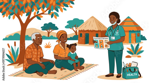 Doctor having a medical discussion with a family in a rural area