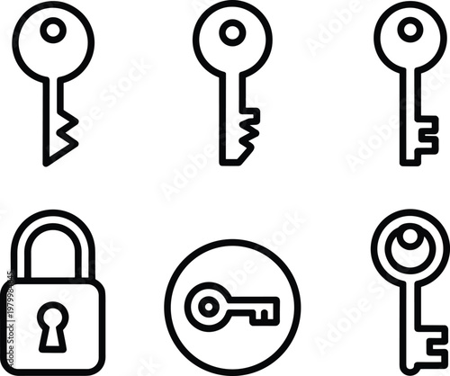 Key icon set with lock security symbols for access control authentication privacy protection and digital safety design collection