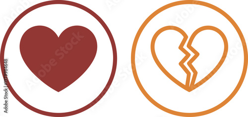 Solid red and outline broken heart icons representing love and emotional pain for digital interface usage