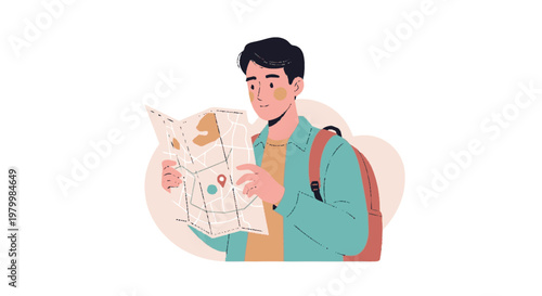 Young man studying a map with backpack planning a journey in flat illustration