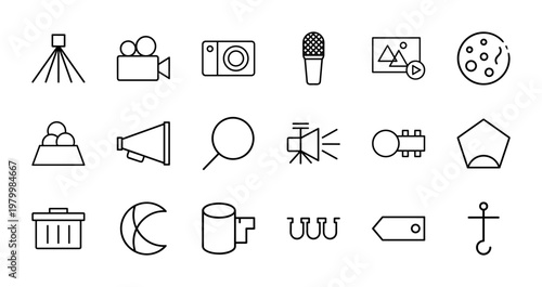 Video production and multimedia player outline icon set