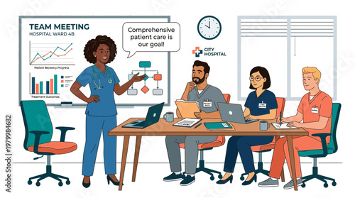 Medical team discusses patient care with doctor in a meeting room