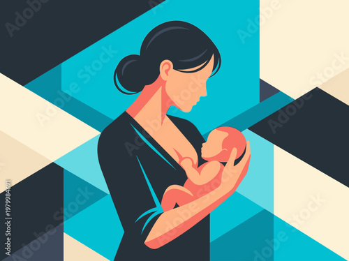 Modern Geometric Vector Illustration of a Mother Breastfeeding Her Newborn Baby in a Minimalist Style