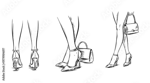 Of woman's legs in heels and handbags, fashion shoes
