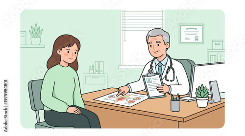 A doctor and patient engaged in a medical discussion at a clinic