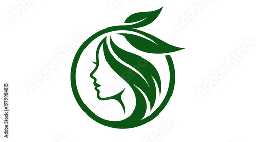 Green Organic Beauty Logo - Minimalist Woman Face Profile with Leaf Hair in Circle - Eco-Friendly Wellness and Spa Symbol