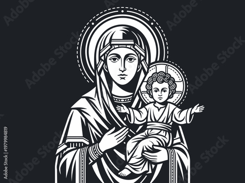 Tableau sur toile Virgin Mary and Baby Jesus Christ Madonna and Child Religious Icon Vector Illust