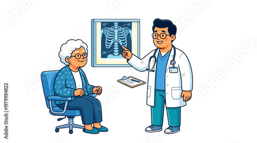 A doctor and patient engaged in a medical discussion while examining an X-ray.