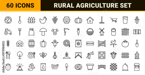 Organic farming and agriculture minimalist outline icon set