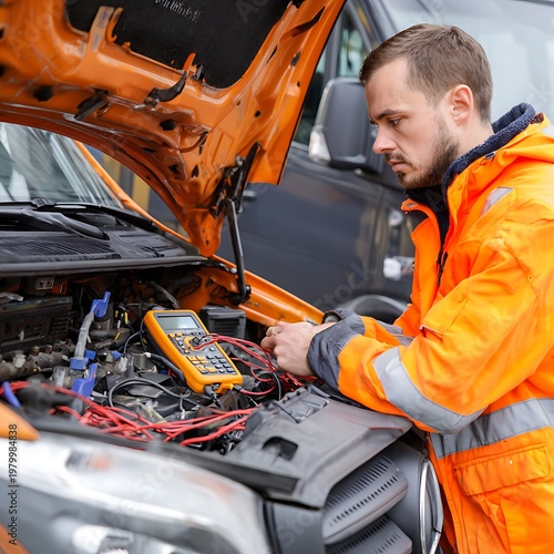 Mechanic inspects car engine components using a digital diagnostic multimeter in a workshop.