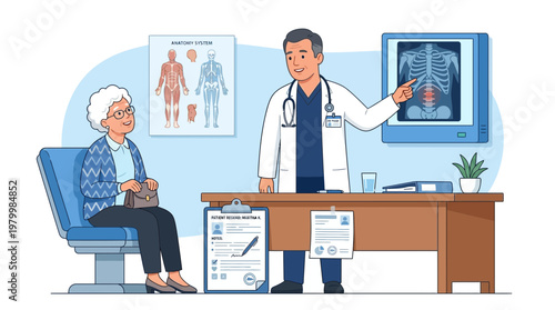 A doctor and patient engaged in a medical discussion with a focus on a displayed X-ray image.