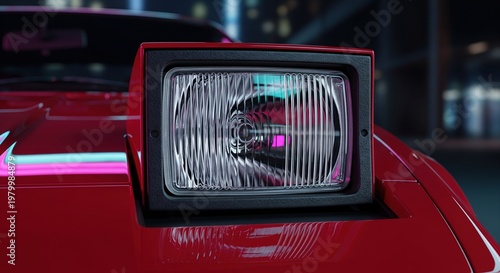 Close up of red vintage sports car pop up headlight with neon city lights reflections night