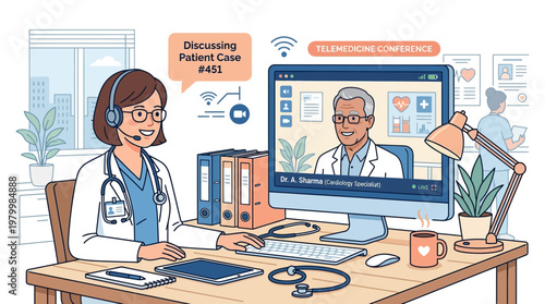 A doctor discusses patient care with a colleague on a computer in a medical office setting.