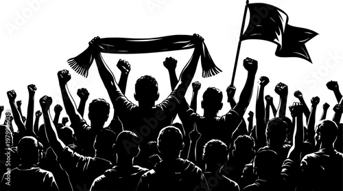 Crowd Protest Silhouette Vector – Raised Fists, Flag and Supporters Black and White Illustration