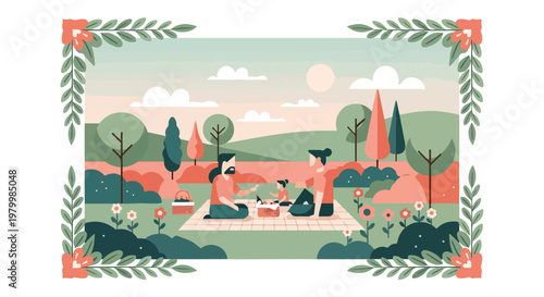 Flat vector illustration of a happy family picnic in a park, parents and child eating outdoors on a blanket, summer nature landscape with trees