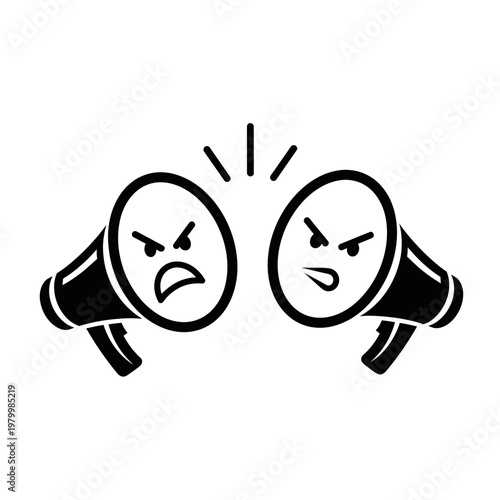 Two angry megaphones facing each other, representing conflict and argument