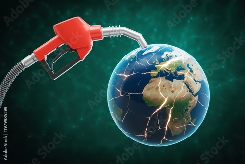 fuel nozzle pumping into cracked planet earth globe. Fossil fuel environmental damage