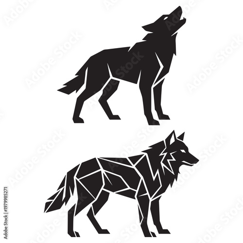 Two stylized wolf figures are depicted in a striking geometric silhouette