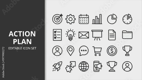 A comprehensive set of black outline action plan icons displayed on a light background.