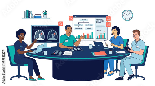 Medical professionals engaged in a serious Doctor discussion around a conference table