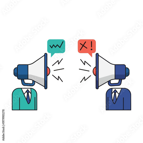 Two businessmen with megaphones representing debate and disagreement, vector illustration