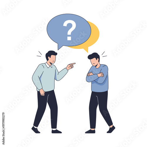 Two men arguing, one pointing accusingly, question mark in speech bubble