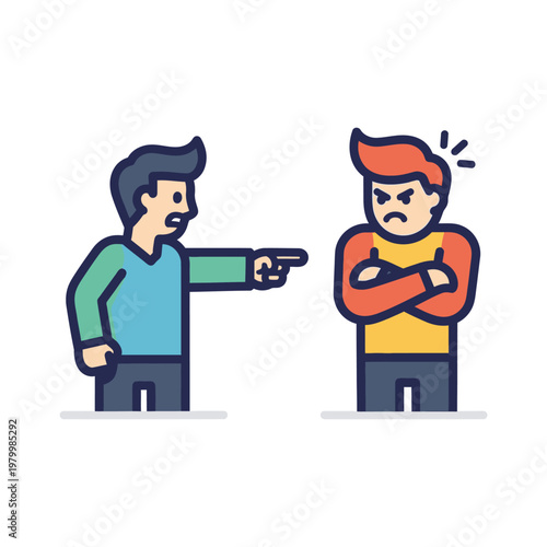 Angry disagreement between two men, one accusing, the other defensive