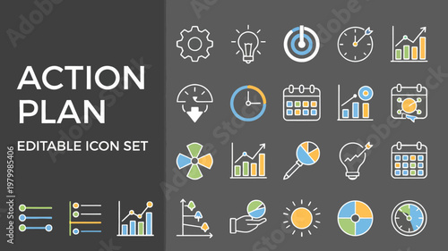 A vibrant set of multi-colored outline action plan icons representing diverse business and progress elements.