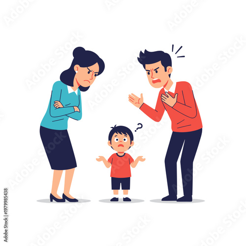Angry parents arguing over confused child, family conflict illustration
