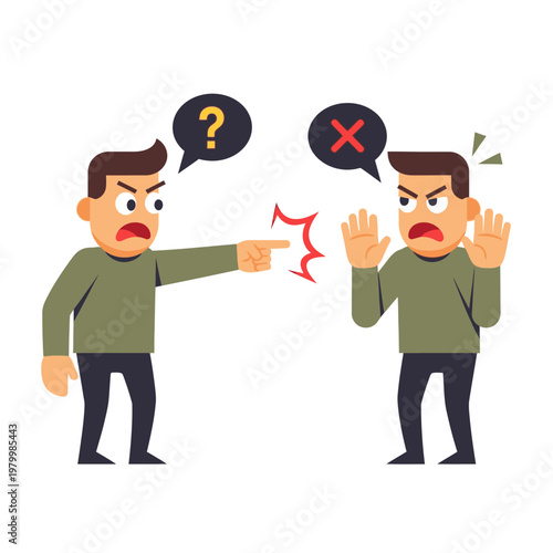 Angry men arguing, pointing finger, disagreement, question mark, cross mark, conflict, accusation, misunderstanding
