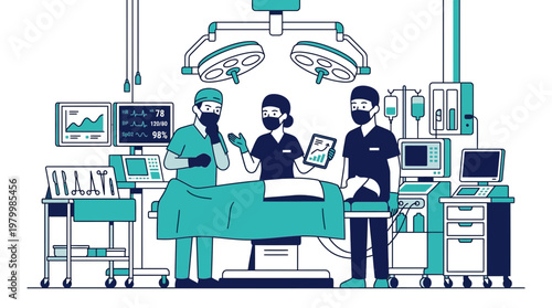Medical team led by a doctor in a hospital having a discussion during a surgical procedure.